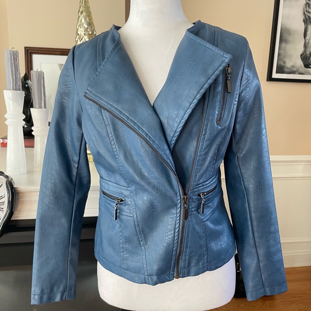 Blue fake leather jacket size Petite.  Looks great with t shirt and jeans.